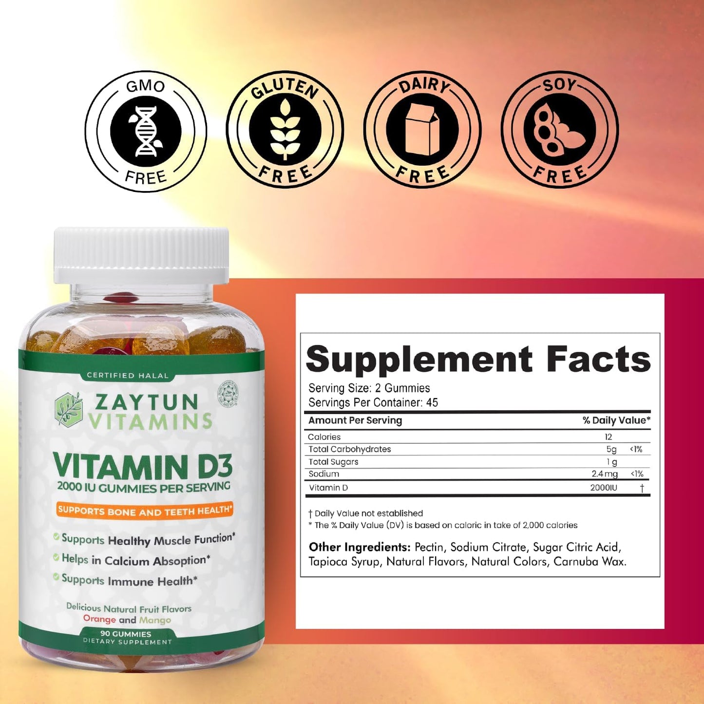 Zaytun Halal Vitamin D3 2000 IU Gummies – Supports Bone, Immune & Muscle Health – Gluten & Gelatine Free – Natural Fruit Flavours – 90 Gummies - görsel 2