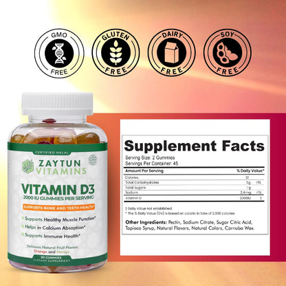 Zaytun Halal Vitamin D3 2000 IU Gummies – Supports Bone, Immune & Muscle Health – Gluten & Gelatine Free – Natural Fruit Flavours – 90 Gummies