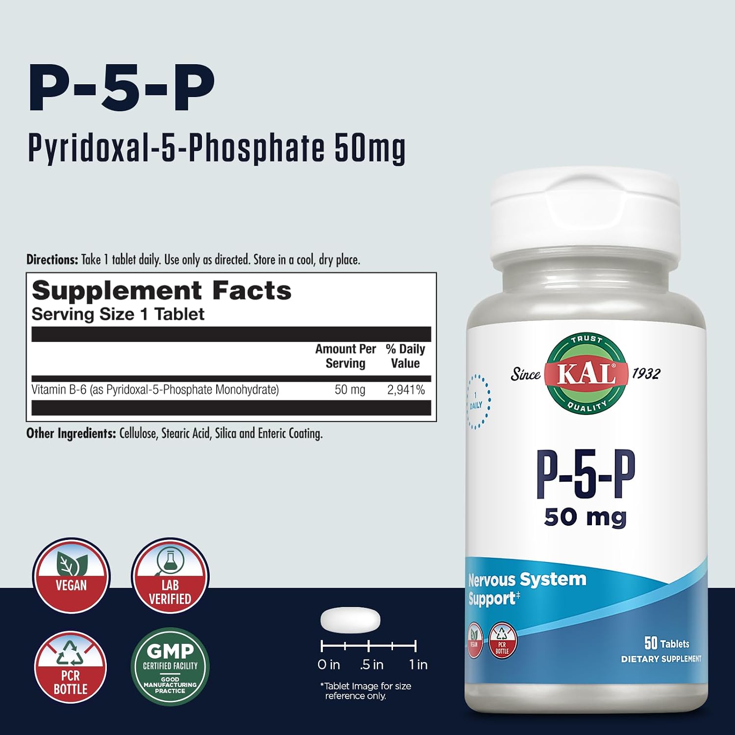 KAL Vitamin B6 Pyridoxal-5-Phosphate 50 mg Tablets, 50 Count - görsel 2