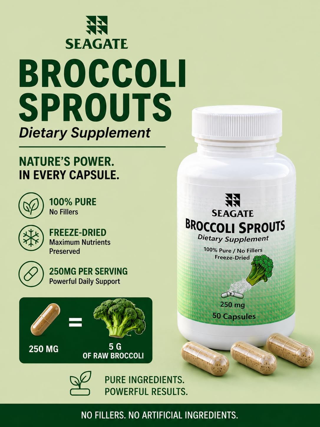 Seagate Products Broccoli Sprouts - 250 mg, 50 Capsules - Concentrated Whole Food Supplement - görsel 3