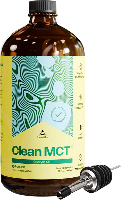 LevelUp C8 MCT Oil – 100% Pure Caprylic Acid (from Coconut) for Clean Energy & Focus – Keto-Friendly MCT Oil for Coffee – Non-GMO (Glass Bottle, 473 ml)
