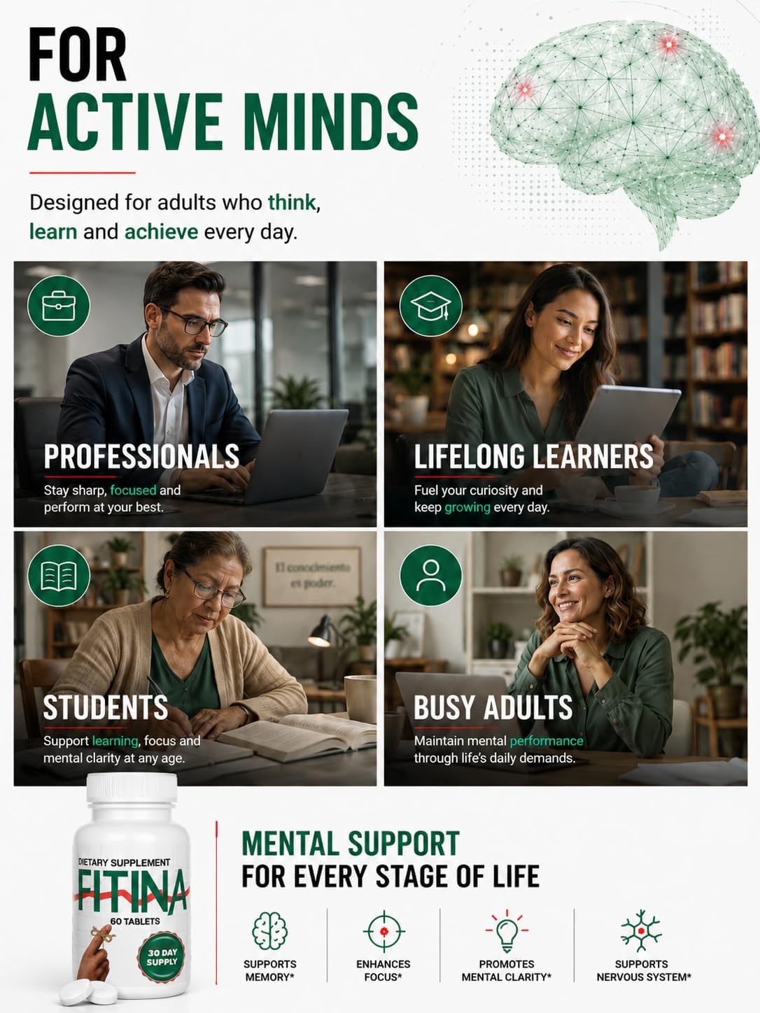 Fitina Brain Supplement with Vitamin B6 & Thiamine for Memory, Focus and Cognitive Support - görsel 4