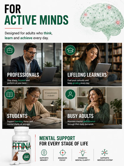 Fitina Brain Supplement with Vitamin B6 & Thiamine for Memory, Focus and Cognitive Support