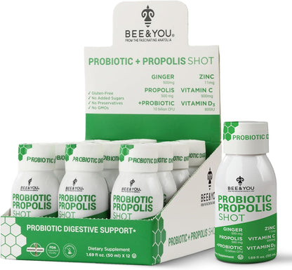 Bee and You Propolis Immunity Shot - Probiotic with Vitamin C, D3, Zinc, Ginger - 12 Pack