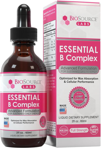 BioSource Labs Essential B Complex - Daily Vegan Vitamin B-Complex Sublingual Liquid Drops with Methyl B12 (60ml Bottle) - 60-Day Supply