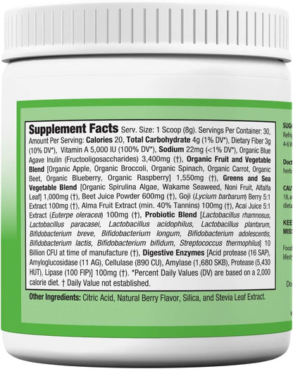 Doctor Recommended Greens Powder – Organic Whole Food Supplement with Probiotics & Enzymes – Berry Flavour