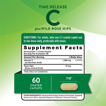 Nature's Truth Vitamin C with Rose Hips, 1000mg, 60 Coated Caplets
