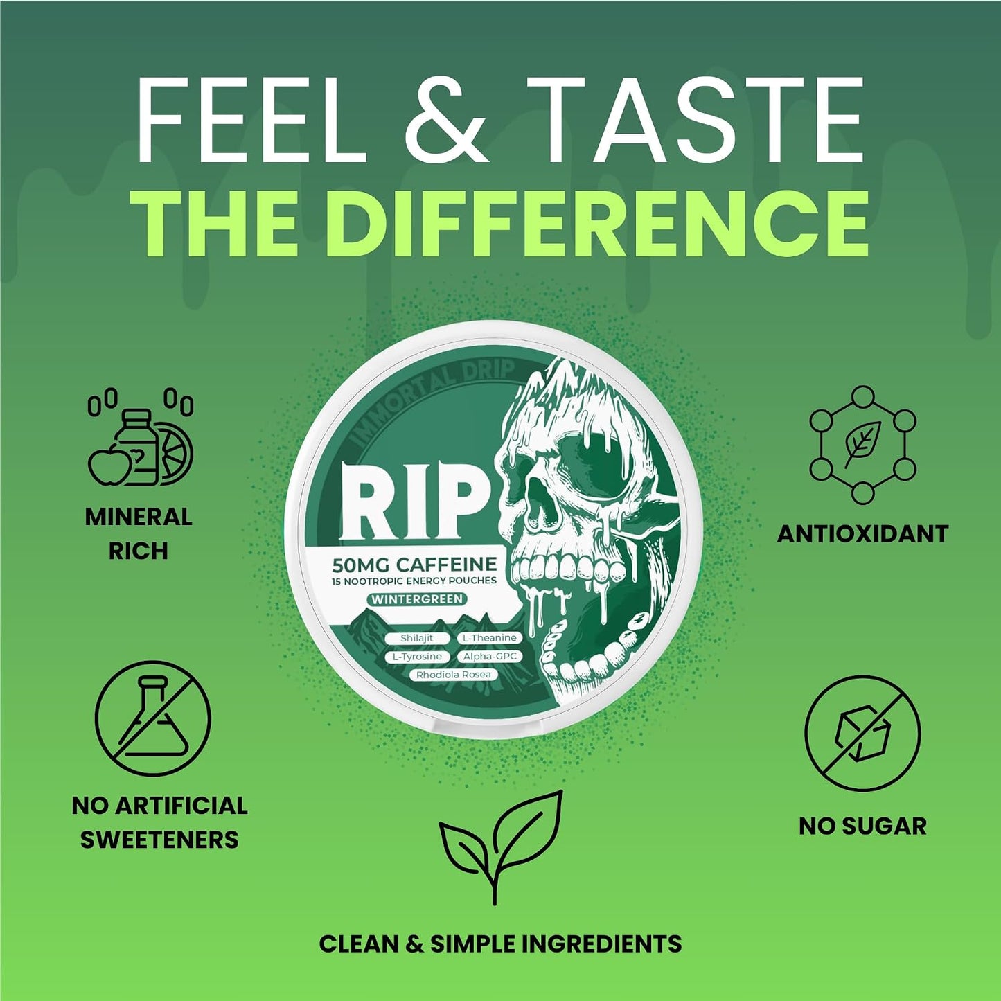 Immortal Drip RIP Nootropic Energy Pouches (Wintergreen) – 5 Cans – 15 Pouches per Can – Clean Energy and Focus Support – 50mg Caffeine, Shilajit, Alpha-GPC, L-Tyrosine, Rhodiola - görsel 7