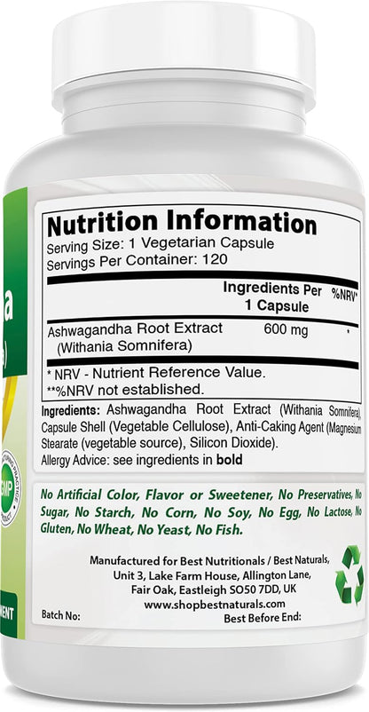 Best Naturals Ashwagandha 500 mg Capsules - 120 Vegetarian Capsules