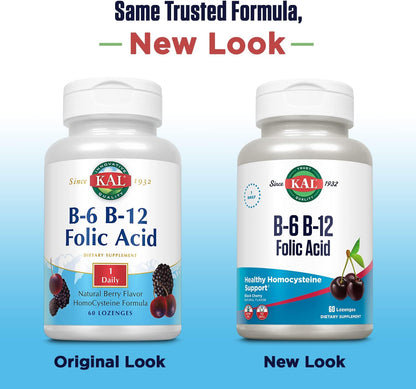 KAL Vitamin B-6, B-12, and Folic Acid Supplement - Methylcobalamin and Folate Lozenges - Natural Cherry - Gluten Free - 60 Servings