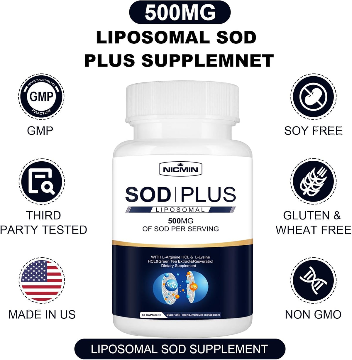 NICMIN SOD Plus 500 mg - Liposomal Superoxide Dismutase with Glutathione, AKG, Green Tea Extract, L-Arginine, Lysine, Resveratrol & Vitamin E - Antioxidant Supplement, 120 Capsules - görsel 5