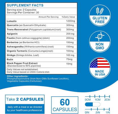 VITACRLLYNMN Liposomal Luteolin 1200mg – 11-in-1 Antioxidant Complex for Brain Health, 60 Capsules