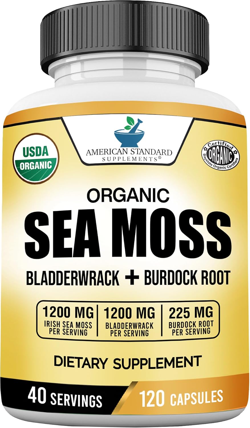 American Standard Supplements Organic Sea Moss, Bladderwrack & Burdock Root Capsules - 1200mg per Serving, 120 Capsules - görsel 1