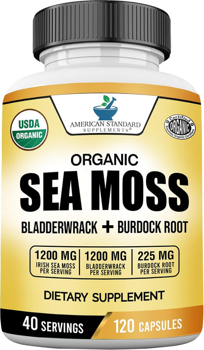 American Standard Supplements Organic Sea Moss, Bladderwrack & Burdock Root Capsules - 1200mg per Serving, 120 Capsules