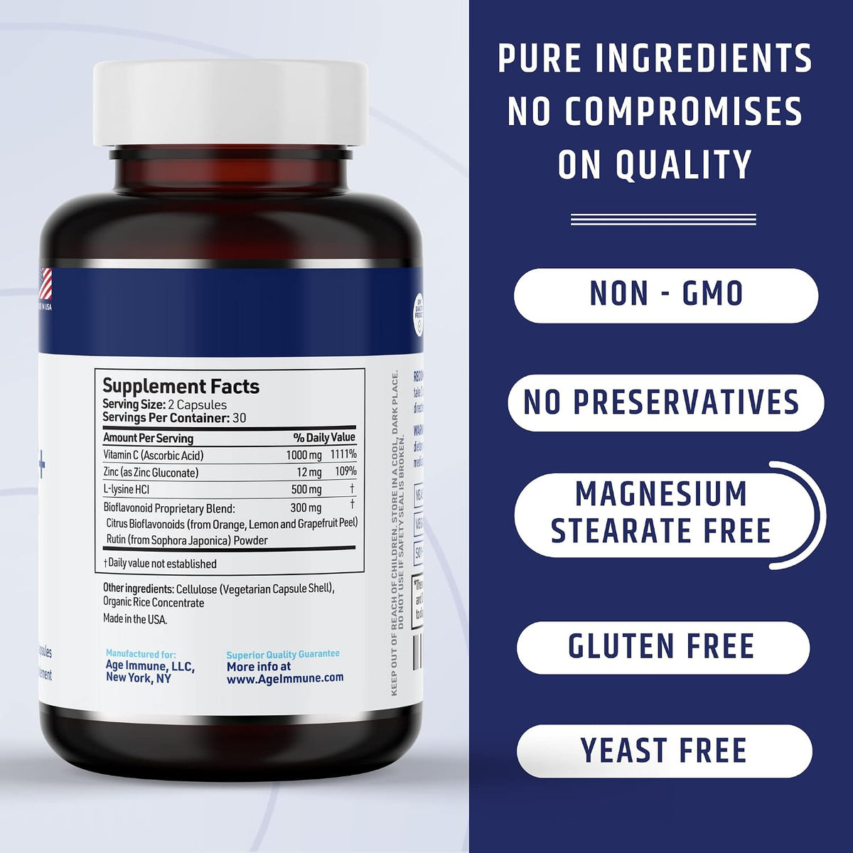 AgeImmune Vitamin C 1000mg Complex with L-Lysine 500mg, Zinc 12mg, Bioflavonoids 300mg - görsel 3
