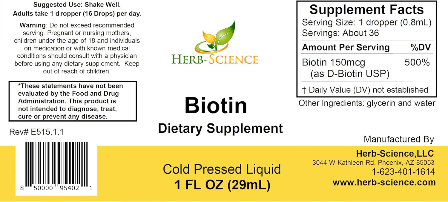 Herb-Science Liquid Biotin B7 – High-Absorption Cold-Pressed D-Biotin USP, Vegan Sublingual Drops, 1 oz - görsel 2