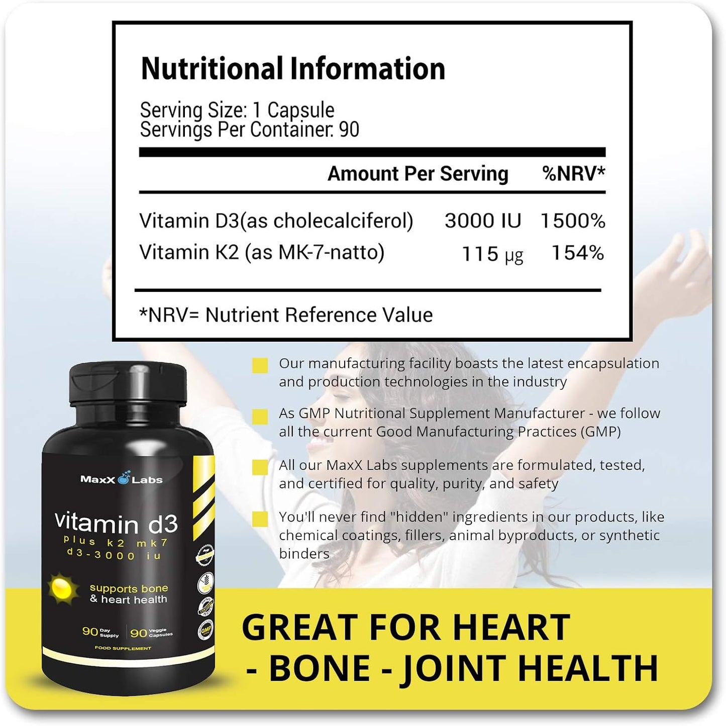 MaxX Labs Vitamin D3 K2 3000 IU with MK-7 - 90 Capsules - görsel 4