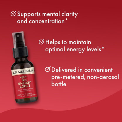 Dr. Mercola Methyl B12 Energy Boost – Fast-Absorbing Spray – Active Vitamin B12 as Methylcobalamin – Natural Blackberry Flavour – 39 Servings