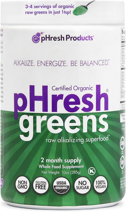 pHresh Greens Raw Alkalising Superfood Greens Powder - 2-Month Supply - Vegan, Kosher, Gluten-Free