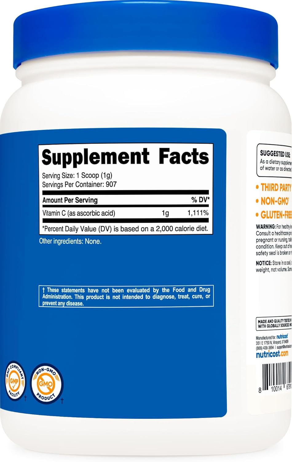 Nutricost Ascorbic Acid Powder (Vitamin C) 907 g - Gluten-free, Non-GMO - görsel 5