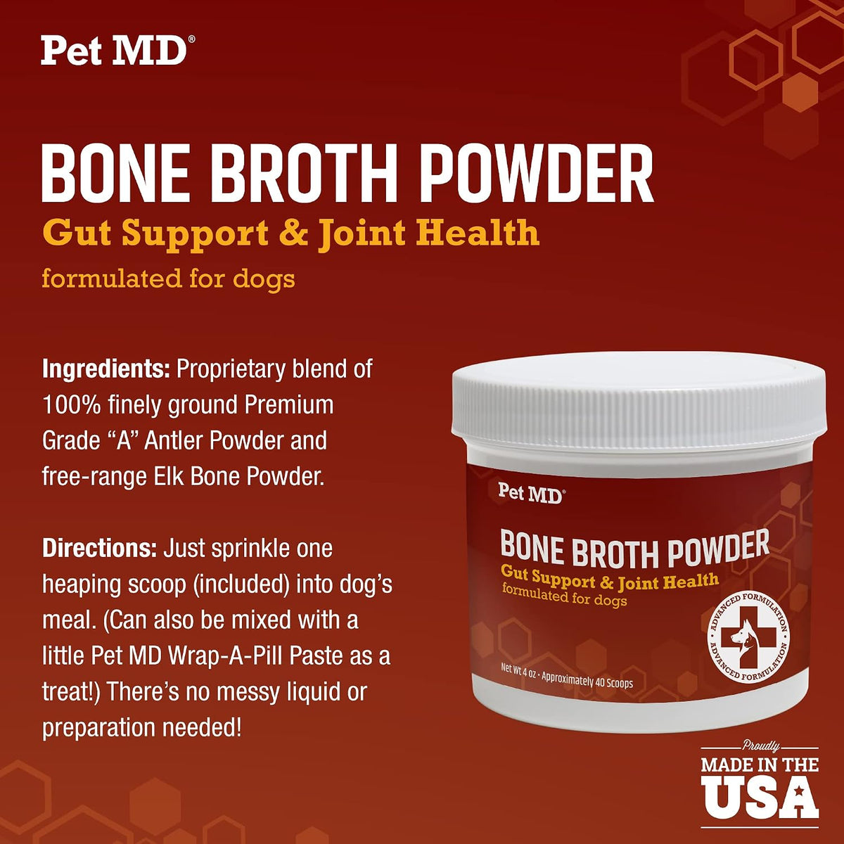 Pet MD Bone Broth for Dogs - Dog Food Topper with Vitamins, Amino Acids, Joint and Digestion Support - Made from Grade A Free Range Elk Bone Powder, 113g (4 oz) - görsel 6