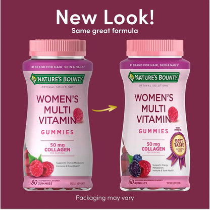 Nature's Bounty Optimal Solutions Women's Multivitamin Gummies for Immune Support, Energy Support, Bone Health, Raspberry Flavour, 80 Gummies (2 Pack)