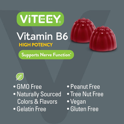 Viteey Vitamin B6 Gummies | Energy, Nerve & Mood Support - 100mg, Vegan, Gluten-free - 60 Gummies