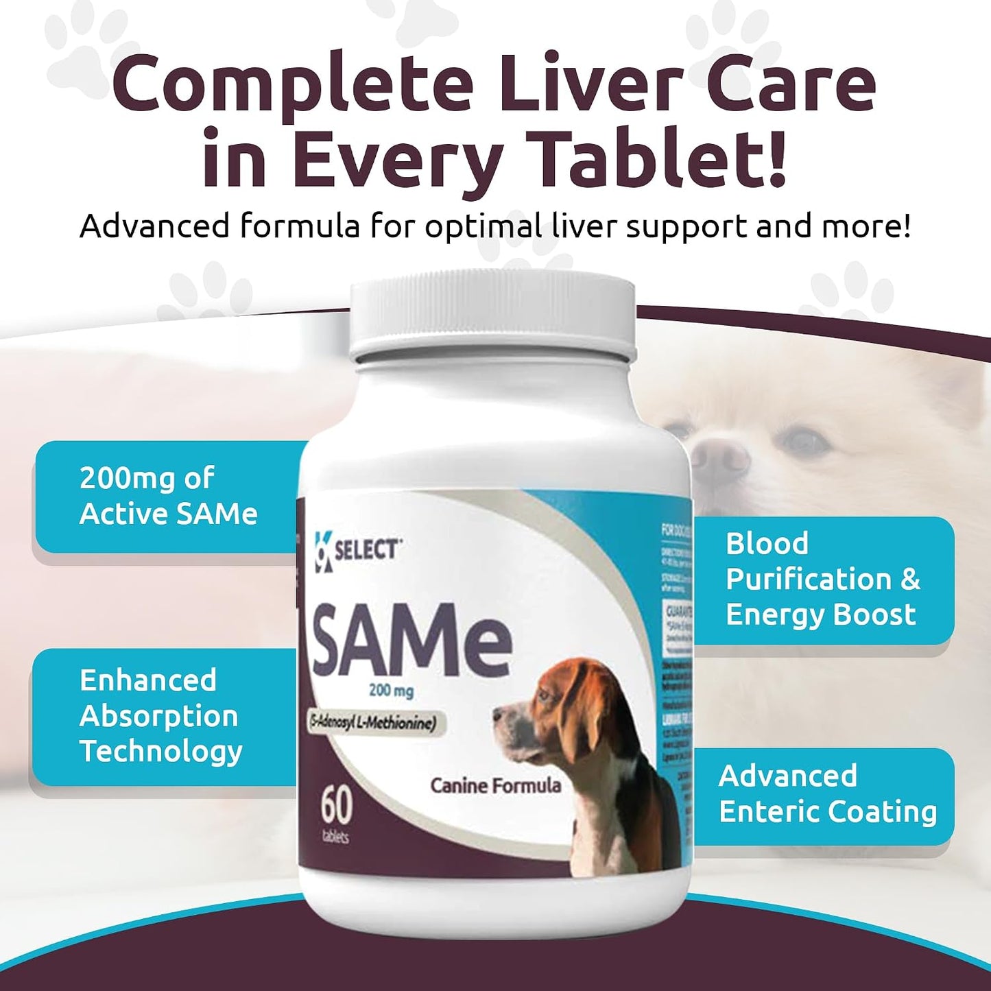 K9 Select SAM-e for Medium and Large Adult Dogs, 60 Tablets, 200mg Active S-Adenosyl L-Methionine - görsel 5