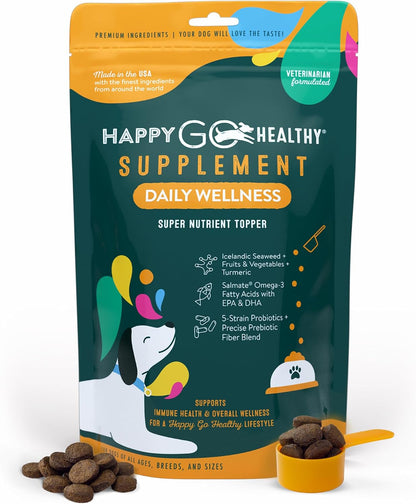 Happy Go Healthy Hip & Joint Supplement for Dogs – Probiotic & Prebiotic Benefits with Wild Salmon Omega-3s, 120 Count