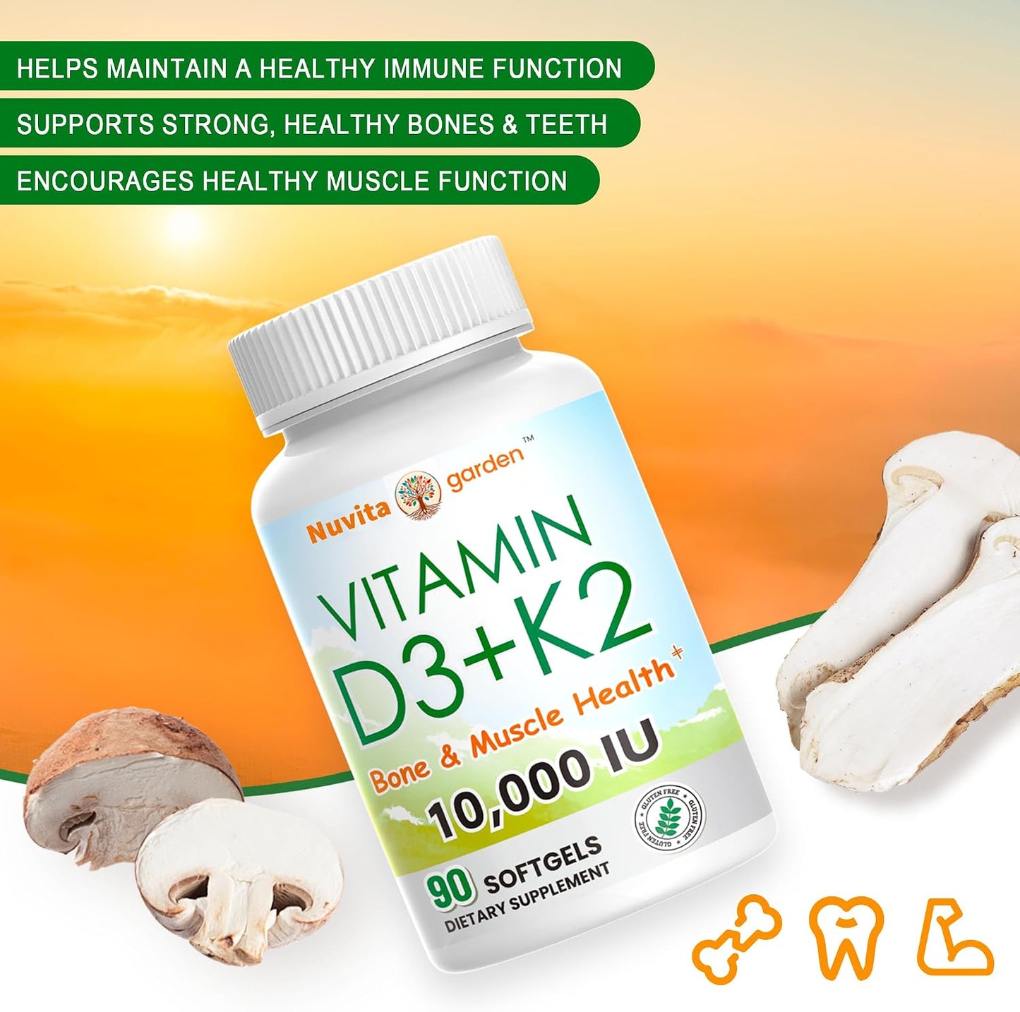 Vitamin D3 K2 10000iu 3 Month Supply for Healthy Muscle Function, Bone Health and Immune Support, Gluten-free, 90 Soft gel capsules - görsel 3