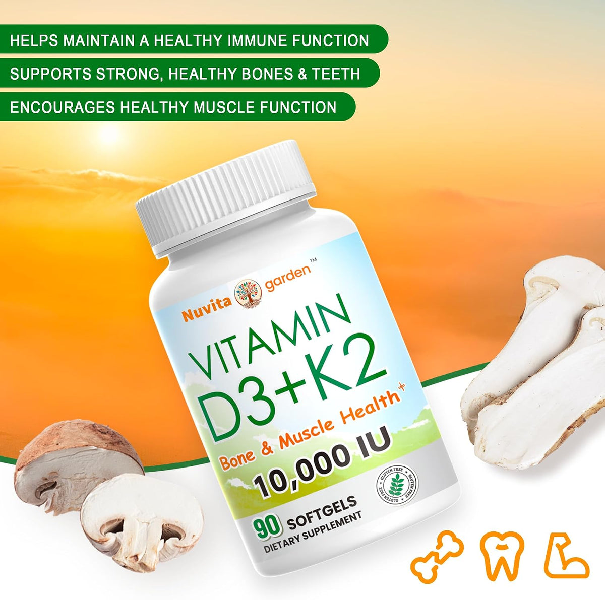 Vitamin D3 K2 10000iu 3 Month Supply for Healthy Muscle Function, Bone Health and Immune Support, Gluten-free, 90 Soft gel capsules - görsel 3