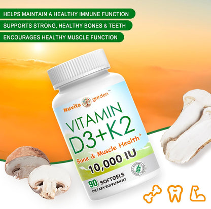 NoMiLu Vitamin D3 10000 IU + K2 (MK-7) 200 mcg - 2 Pack (180 Soft gel capsules)