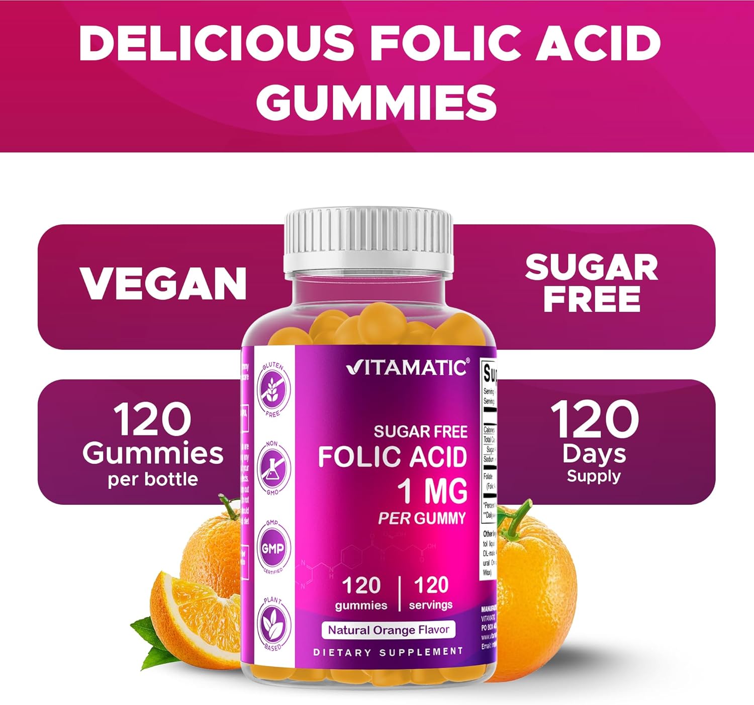 Vitamatic Folic Acid Gummies 1000 mcg (1 mg) – Vitamin B9 (1667 mcg DFE) – Sugar Free – Prenatal & Cellular Health Support – Natural Orange Flavour – Vegan, Non-GM – 120 Gummies - görsel 4