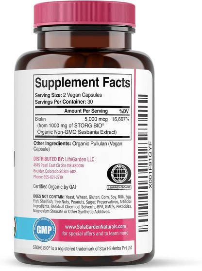 USDA Organic Whole Food Biotin Supplement - 5000 mcg Plant-Based Biotin from Sesbania Agati - Non-GMO Vegan Capsules for Hair, Skin, and Nails - 60 Count