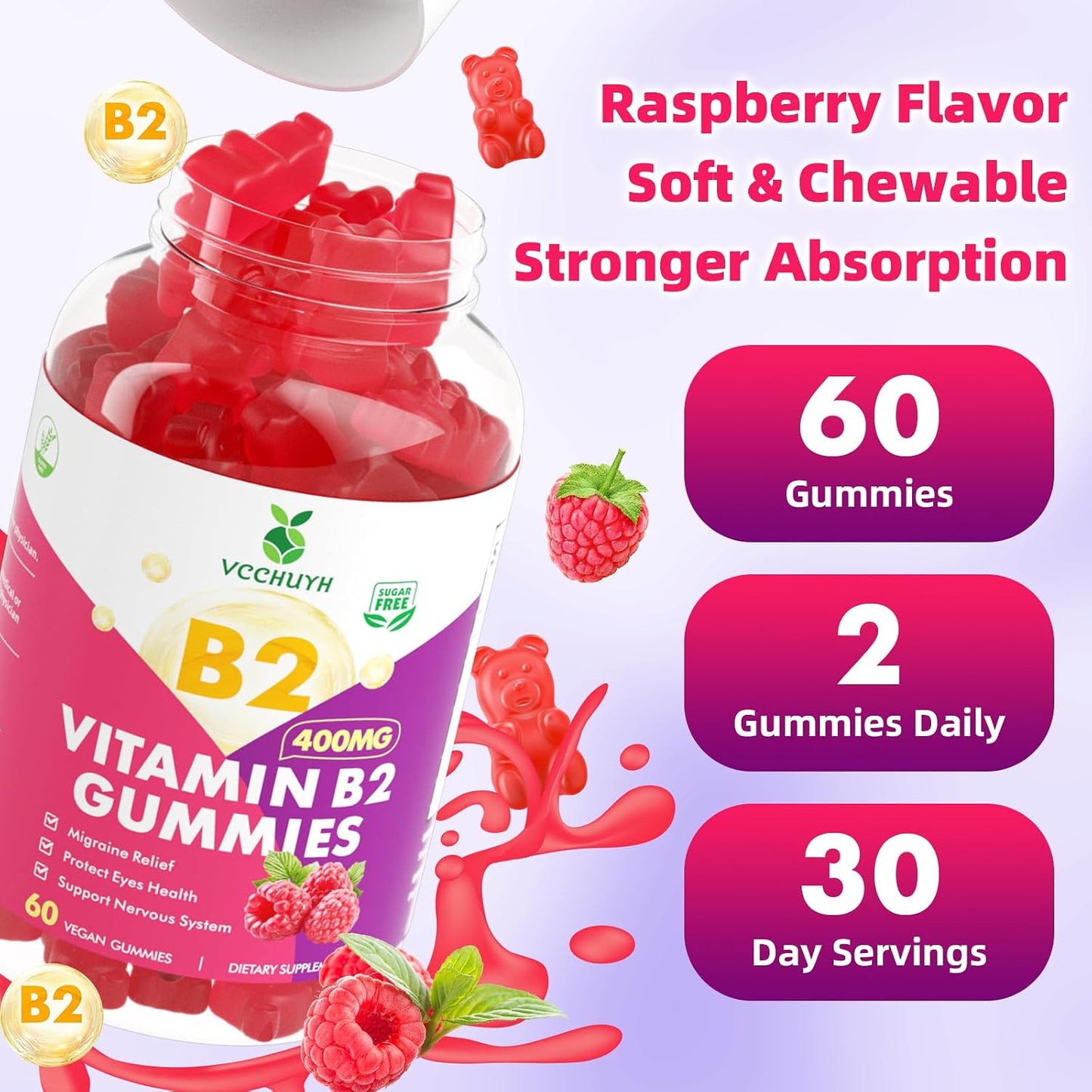 VCCHUYH Vitamin B2 Gummies 400mg – Riboflavin with Magnesium – Vegan, Non-GMO, Raspberry Flavour – 120 Gummies - görsel 7