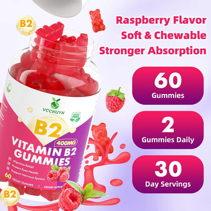 VCCHUYH Vitamin B2 Gummies 400mg – Riboflavin with Magnesium – Vegan, Non-GMO, Raspberry Flavour – 120 Gummies