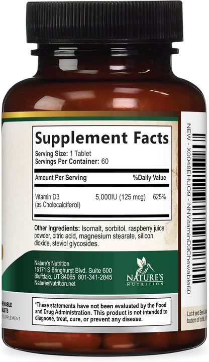 Nature's Nutrition Vitamin D3 5000 IU (125 µg) Chewable Tablets – Extra Strength for Immune Support & Bone Health – Sugar Free, Gluten-free – 60 Count