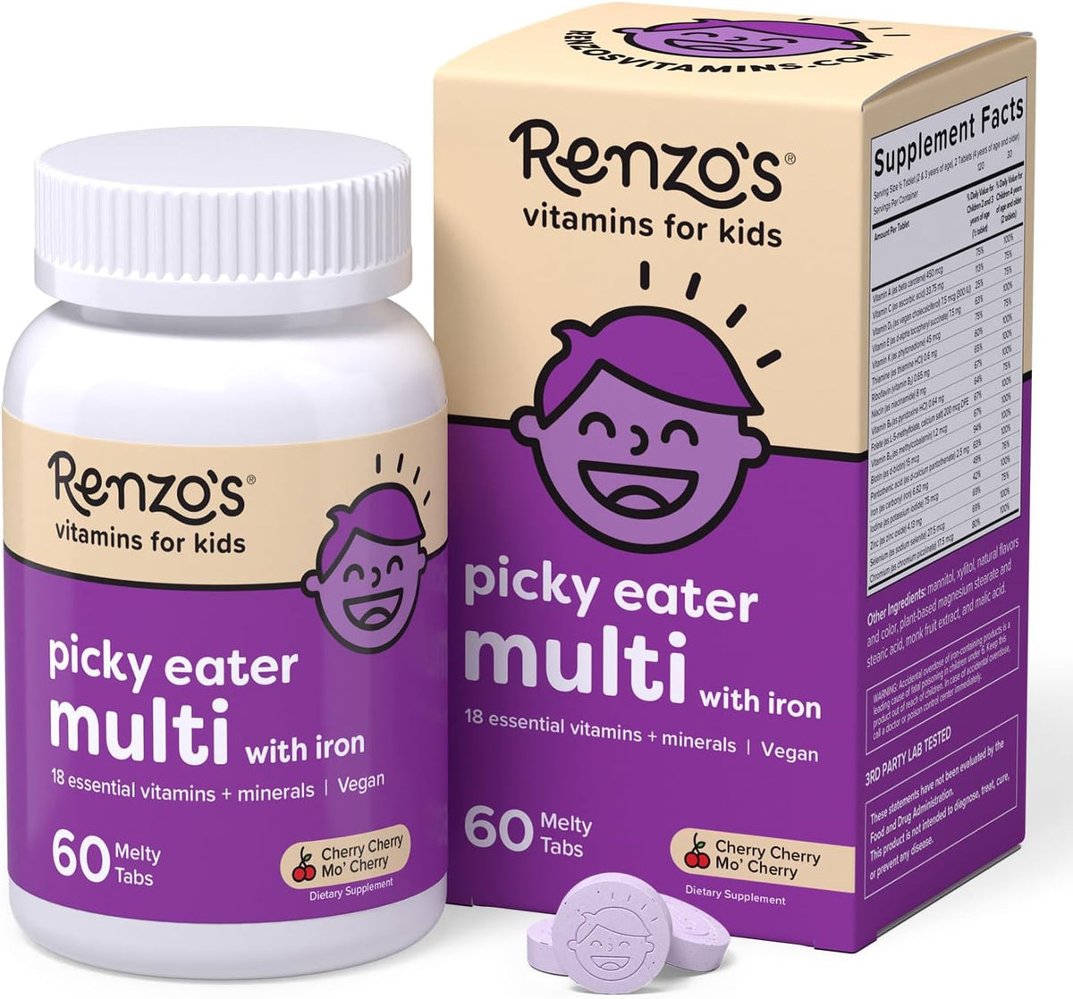 Renzo's Fussy Eater Kids Multivitamin with Iron - Dissolvable Melty Tabs, Cherry, 60 Tablets - görsel 1