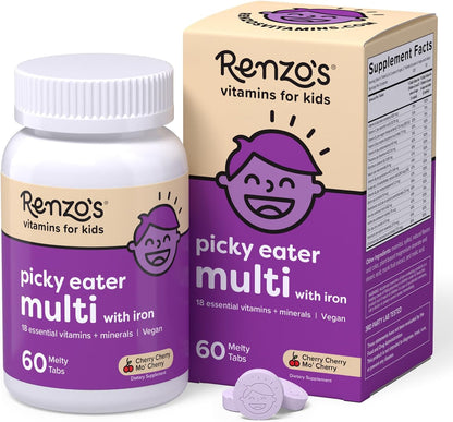 Renzo's Fussy Eater Kids Multivitamin with Iron - Dissolvable Melty Tabs, Cherry, 60 Tablets
