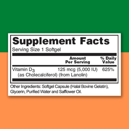 Zaytun Halal Vitamin D3 5000 IU, 6-Month Supply, Contributes to Normal Bones, Muscle Function and Immune Health, Premium Vitamin D from Safflower Oil, Non-GMO, Gluten-Free, 180 Mini Softgels