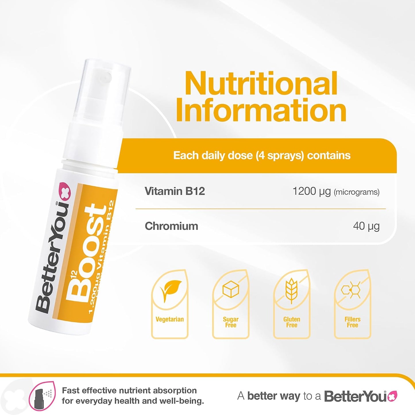 BetterYou Boost Vitamin B12 Oral Spray - Natural Liquid Supplement with Green Tea and Chromium, 25 ml - görsel 3