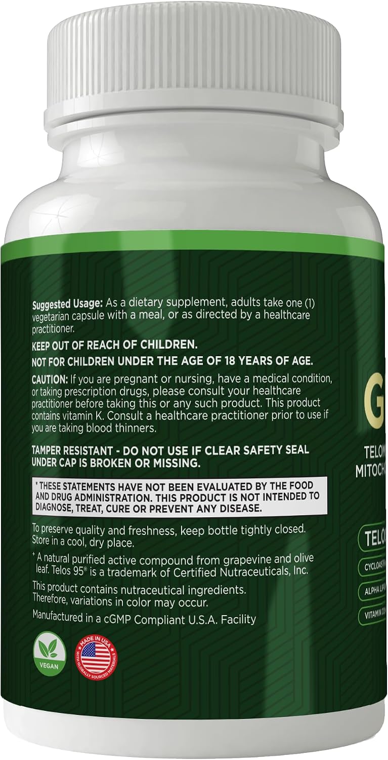 Genesis Telomere Length Supplement – Telos95® Astragalus Extract with CoQ10, D3, K2, ALA & Grape Seed | 30 Veg Capsules - görsel 8