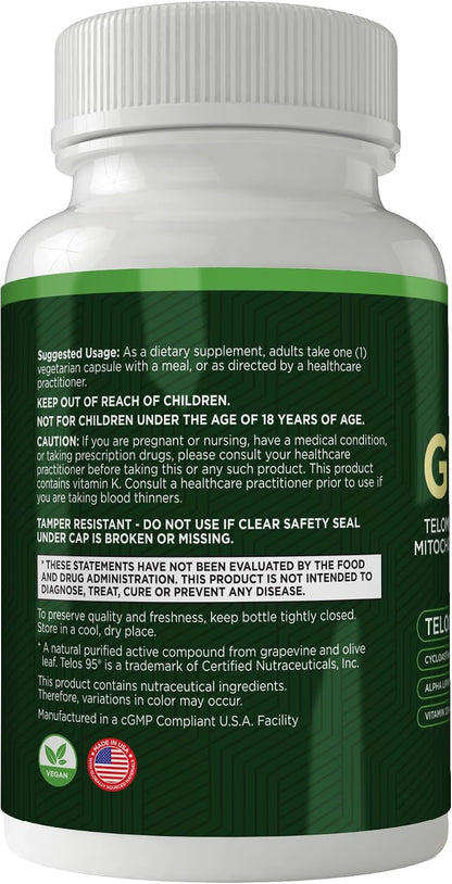 Genesis Telomere Length Supplement – Telos95® Astragalus Extract with CoQ10, D3, K2, ALA & Grape Seed | 30 Veg Capsules