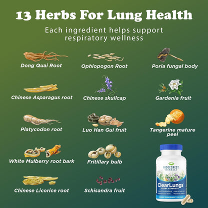 RidgeCrest Herbals ClearLungs Extra Strength, Daily Food Supplement, Natural Lung and Nasal Wellness Formula (120 Vegan Caps, 60 Serv)