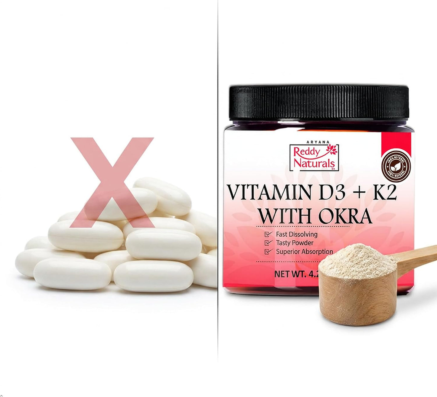 Reddy Naturals Vitamin D3 K2 MK7 Powder with Okra - 4000 IU + 100 mcg, 30 Servings - görsel 3