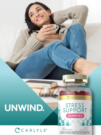 Carlyle Stress Support Supplement Gummies - 50 Count - with GABA and L-Theanine - Strawberry Lemon Flavour - Non-GMO & Gluten-free