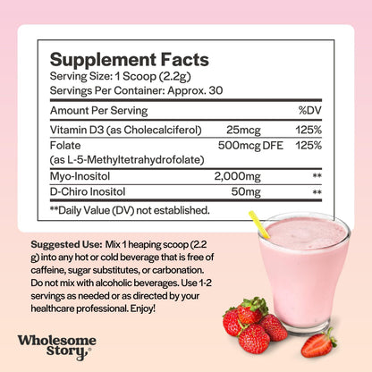 Inositol Powder with MTHF Folate and Vitamin D3 | Myo-Inositol & D-Chiro Inositol for Hormonal Support | 30 Servings
