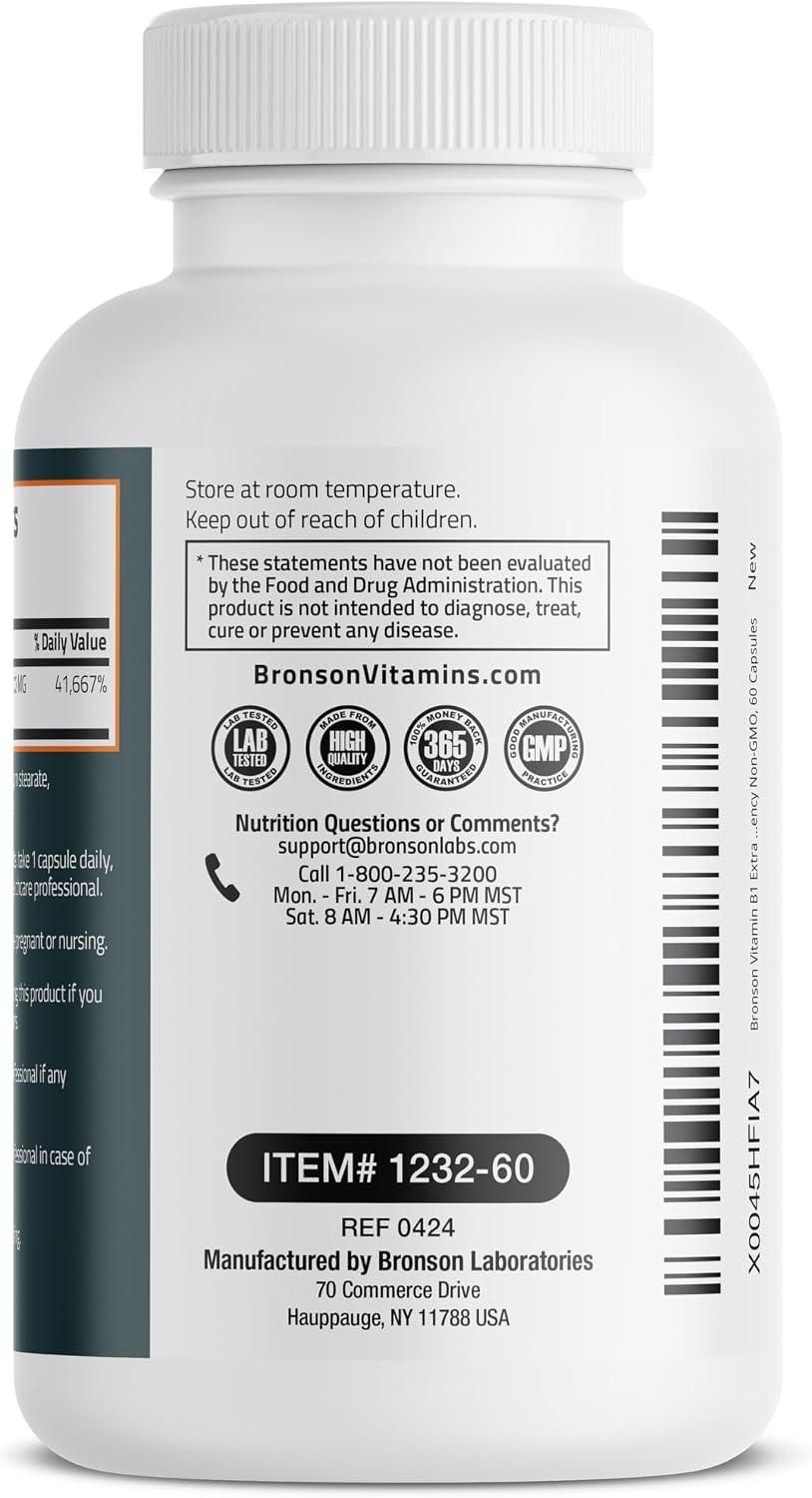 Bronson Vitamin B1 Extra Strength 500 mg High Potency Non-GMO, 60 Capsules - görsel 7