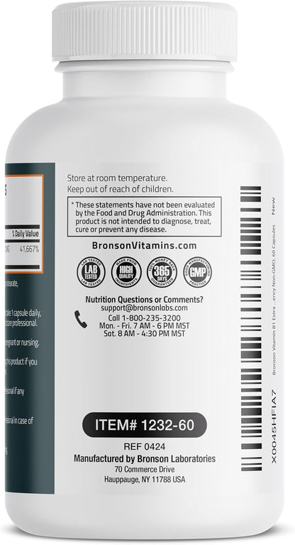 Bronson Vitamin B1 Extra Strength 500 mg High Potency Non-GMO, 60 Capsules