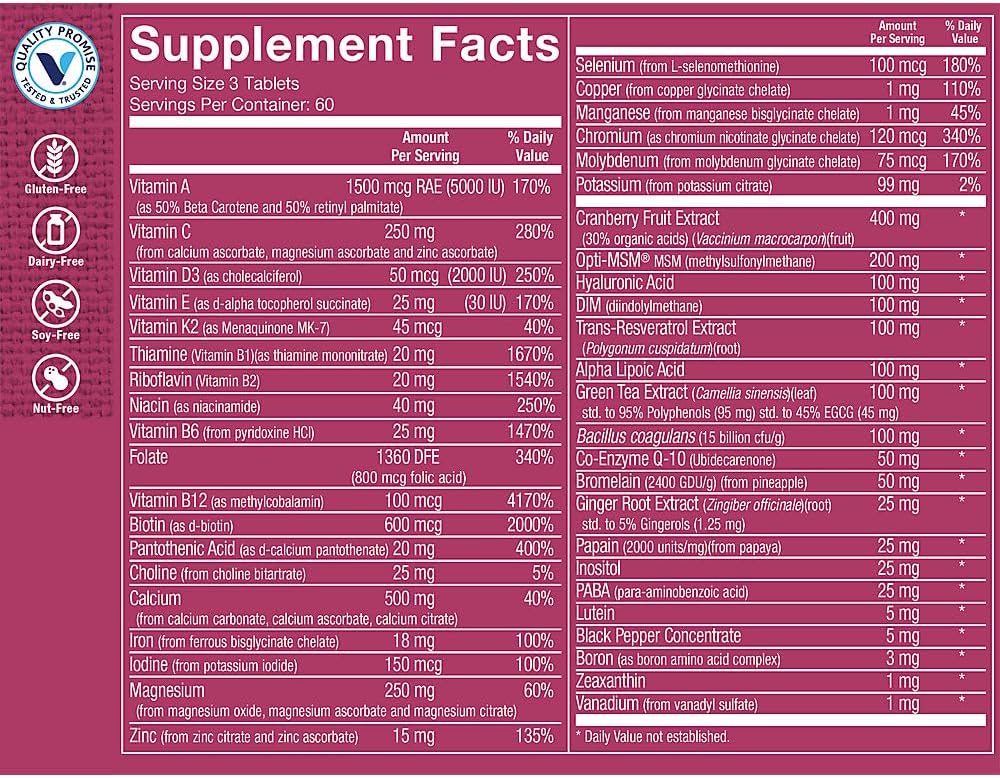 The Vitamin Shoppe Ultimate Woman’s Gold Multivitamin with Iron, B Vitamins & Vitamin D3, Women’s Daily Multivitamin for Energy Production, Bone & Immune Health Support, Gluten-free, 180 Tablets - görsel 3